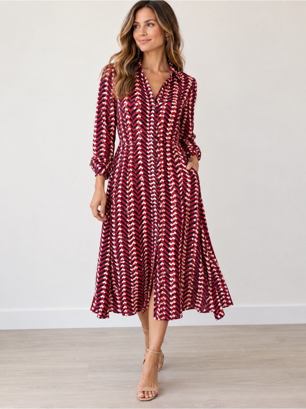 Boden Red, White and Navy Chevron Midi Shirt Dress sz 12 NWT! - Picture 6 of 6